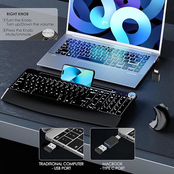 Full-Size Ergonomic Keyboard and Mouse, 2.4GHz Wireless Keyboard and vertical Mouse with Tablet Phone Holder, Wrist Rest for Computer Mac PC Laptop Chromebook, Black