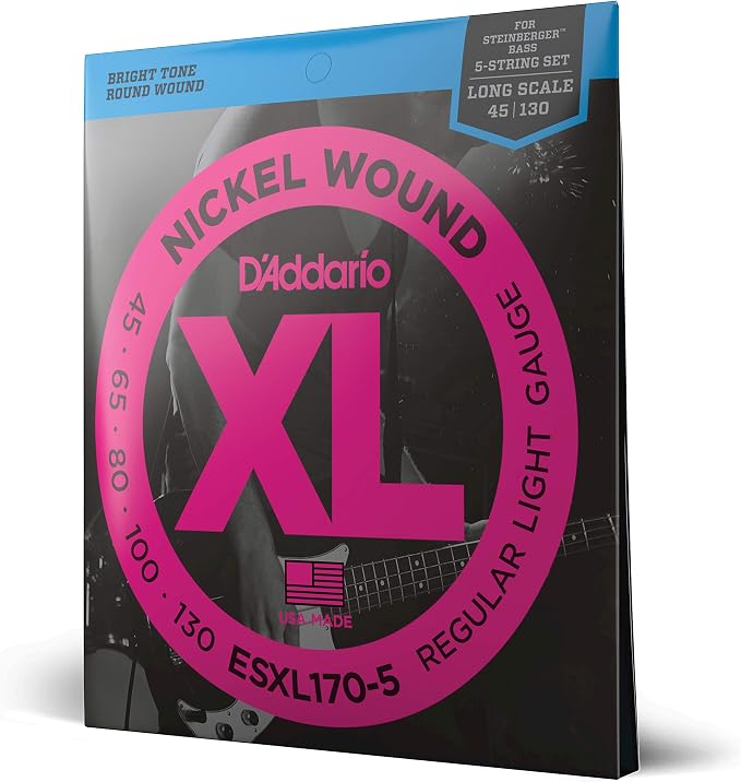 D'Addario Electric Bass Guitar Strings, XL Nickel, ESXL170-5, Light Gauge 45-130, Double Ball End, Long Scale, 5-String Set, Pack of 1