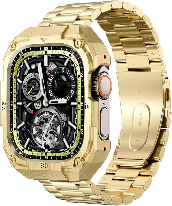 Casual Stainless Steel Band/Case Compatiable for 45mm Apple Watch Band for Men,Metal Apple Watch Bumper Case with Strap for iWatch Band Series 9 8 7,Gold