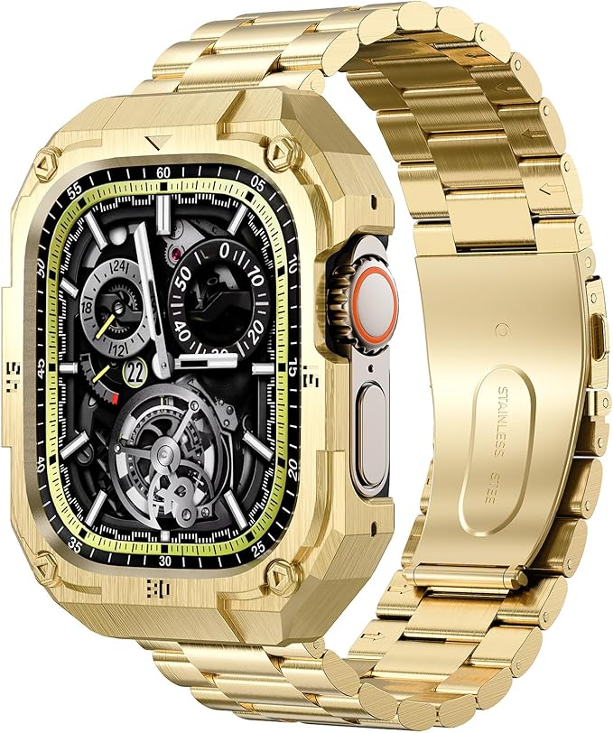 Formal Stainless Steel Watch Case with Band Compatible with Apple Watch Series 11 10 46mm Band for Men,Metal Protective Bumper Cover iwatch Band with Strap,Gold
