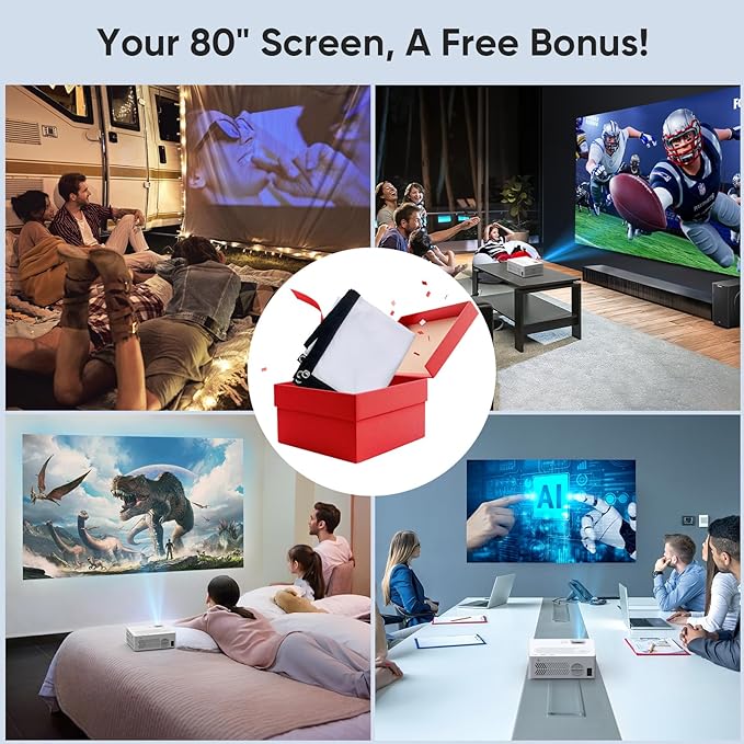Mini Projector with WiFi and Bluetooth Native 1080P 4K Support, Portable Movie Projector with Screen, Compatible with Smartphone, HDMI, TV Stick for Home, Bedroom, Outdoor Use