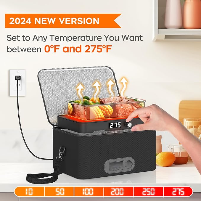 Portable Oven, 12V 24V 110V-240V Car Food Warmer Portable Personal Mini Oven Electric Heated Lunch Box for Meals Reheating & Raw Food Cooking for Road Trip/Camping/Picnic/Family Gathering(Black)