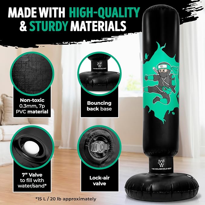 THB Punching Bag for Kids - Inflatable Punching Bag with Boxing Gloves for Kids Age 3-8, 63” Ninja Boxing Bag with Electric Air Pump to Practice Taekwondo, Karate, MMA, Bouncing Back