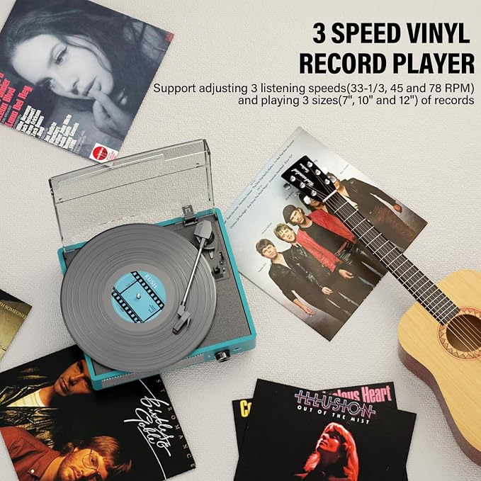 Record Player for Vinyl with 2 Build-in Speakers LP Vinyl Players Belt-Driven Vintage Turntables 3 Speed 3 Size, Wireless Bluetooth Playback, AUX-in, RCA Out, Headphone, Auto Stop Sea Blue