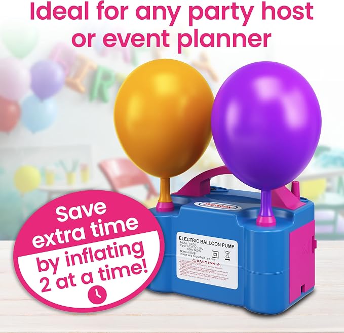 Prextex Balloons Electric Pump Inflate, Blue 110V 600W - Portable Pump with Air Blower & Dual Nozzle Inflator for Fast, Easy Bulk Balloons Filling for Event & Party Decoration - Balloon Pumps Electric