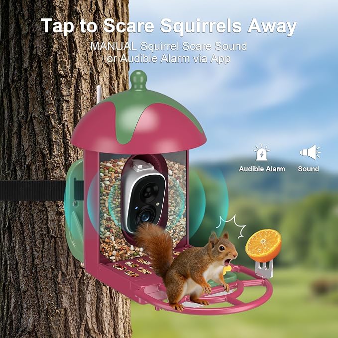 Smart Bird Feeder with Camera Outdoor Birdhouse: AI Identifies 11000+ Species, 2K HD with Arrival Alerts, Attracts Hummingbirds, Dual Squirrel-Proof, Solar Powered, Gifts for Bird Lovers Mom Dad(Red)