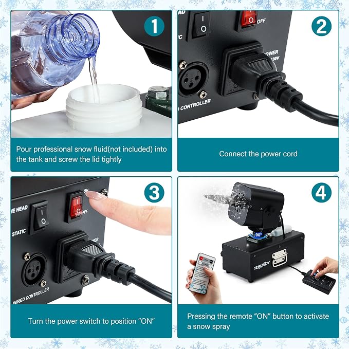 Snow Machine 1200W Snow Making Machine, Moving Head Snow Maker, Snowflake Maker with Wired Control Wireless Remote Adjustable Snow Size for Christmas Wedding Party Photography Parade Stage