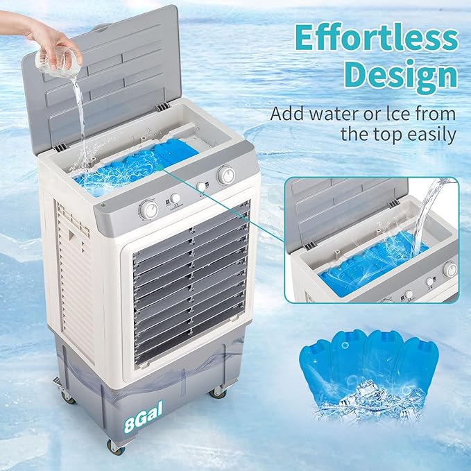 3 in 1 Portable Evaporative Air Cooler, Large Air Volume Swamp Cooler with Big Water Tank, Remote Control, Rolling Casters and Ice Packs for Indoor Outdoor Use White