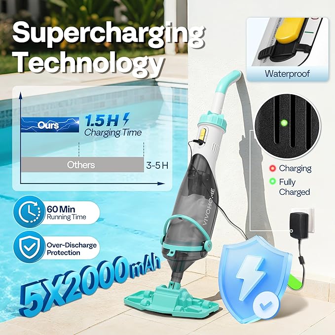 VIVOHOME Handheld Pool Vacuum 1110 GPH Suction Cordless Pool Cleaner 40W Powerful Motor Long-Run 60min Battery, Adjustable 9.12FT Pole for Above Ground & In-Ground Pools, Spas - Green