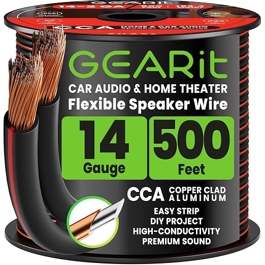 GEARit 14 Gauge Speaker Wire 500ft,Flexible Speaker Cable with Foot Markers & Polarity Markings,14 Gauge Wire for Car Audio & Home Theater Speakers,Audio Cable for DIY Installations,CCA(Black)
