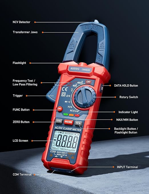AstroAI Digital Clamp Meter Multimeter 4000 Counts Auto-ranging Amp Tester Measuring AC/DC Voltage & Current, Resistance, Capacitance, Frequency, Continuity, Live Wire Test, NCV Detection, Blue