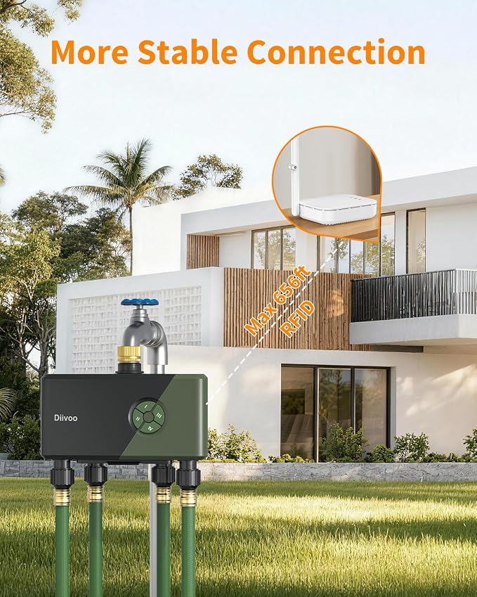 Diivoo WiFi Water Timer for Garden Hose, 4 Zone Smart Sprinkler Timer with Brass Inlet, Ethernet & 2.4GHz WiFi Connection, Compatible with Alexa/Google, 24 Irrigation Plans & Rain Delay Mode for Lawns
