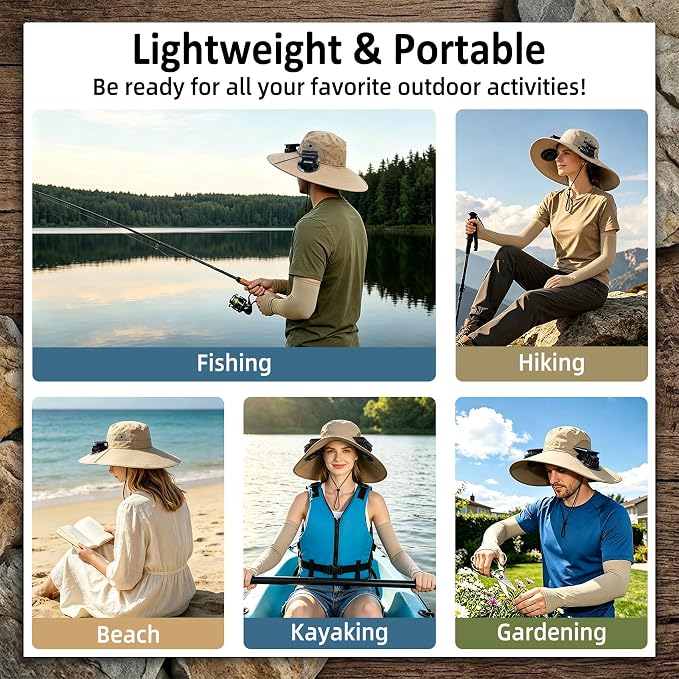 Solar Fan Hat with 2 Fans - Khaki Wide Brim Bucket Hat for Men Women, UPF 50+ Sun Hat for Fishing, Hiking