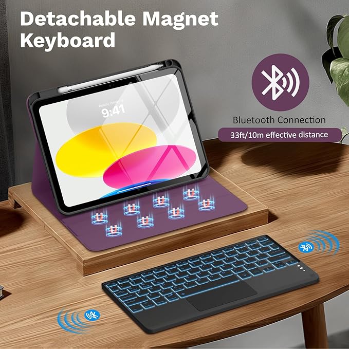 MoKo Touch Keyboard Case for iPad (A16) 11th Generation 11 inch 2025, iPad 10th Generation 10.9 inch Case with Pencil Holder, 7 Colors Backlit Multi-TrackPad Detachable Bluetooth Keyboard, Dark Purple