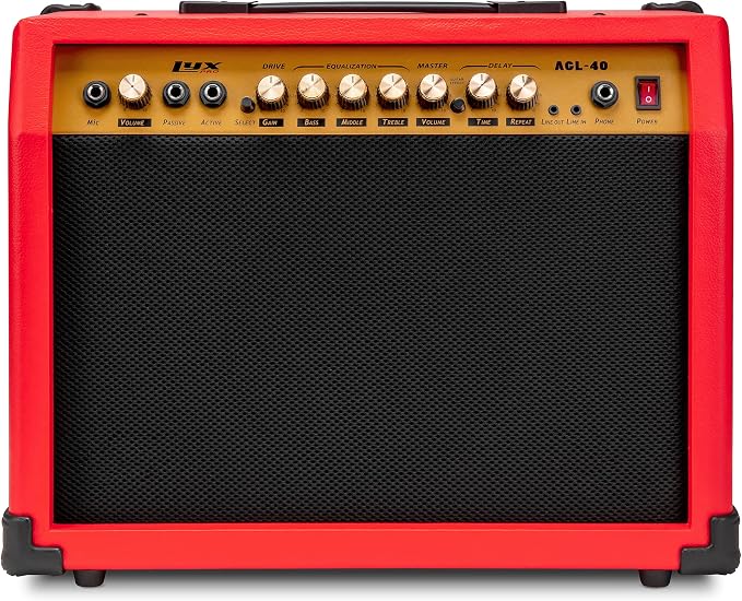LyxPro 40 Watt Electric Guitar Amplifier | Combo Solid State Studio Amp with 8” 4-Ohm Speaker, Custom EQ Controls, Drive, Delay, ¼” Passive/Active/Microphone Inputs, Aux In & Headphone Jack - Red