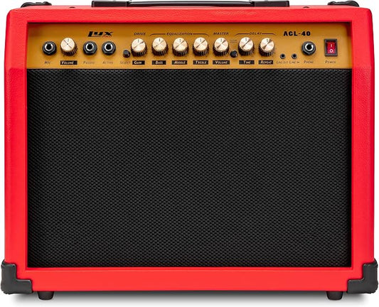 LyxPro 40 Watt Electric Guitar Amplifier | Combo Solid State Studio Amp with 8” 4-Ohm Speaker, Custom EQ Controls, Drive, Delay, ¼” Passive/Active/Microphone Inputs, Aux In & Headphone Jack - Red