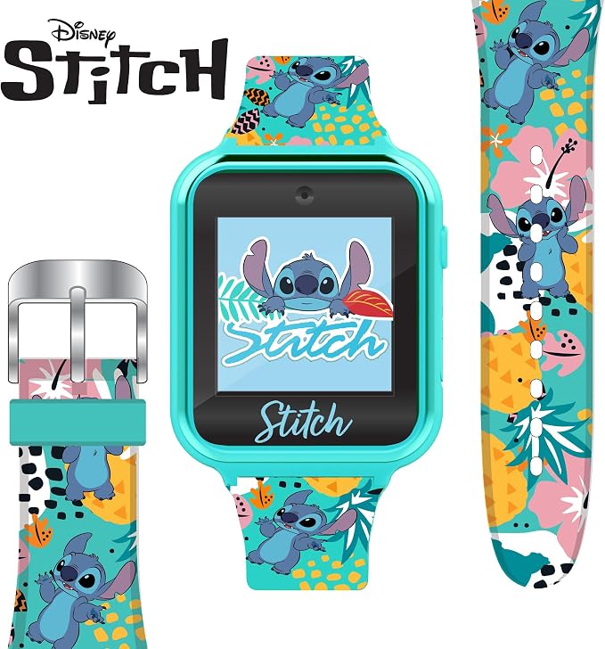 Disney Stitch Kids Smartwatch with Touchscreen, Camera, Games, Timer, Step Counter, Alarm & Calculator – Fun Interactive Watch with 10 Faces & Printed Silicone Strap – Fits Wrists 5.5" to 8"