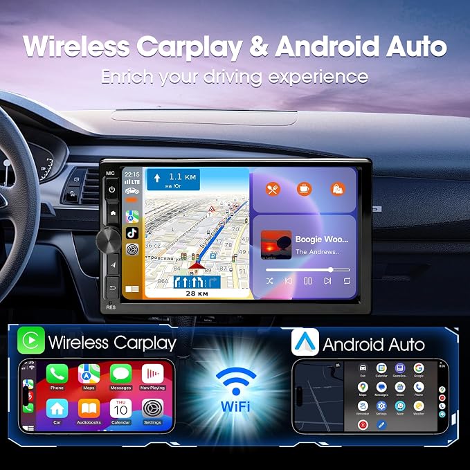 Haudio 7 Inch Double din Car Stereo,Support Wireless CarPlay and Android Auto,with 1080P Rear Camera,Mirror Link|Bluetooth|Music Play|AUX|FM/AM|SWC|Double din Car Radio (2+32GB)