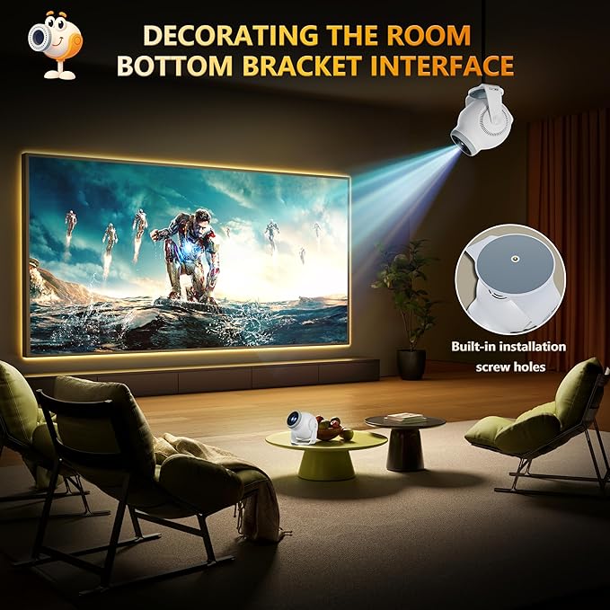 【8K Video Decode / Android 14.0】Mini Smart Projector with WiFi 6 and Bluetooth 5.4, 450 ANSI Support 4K 1080P, Portable Outdoor Movie Projectors, Auto Keystone Correction, 270° Rotatable Proyector