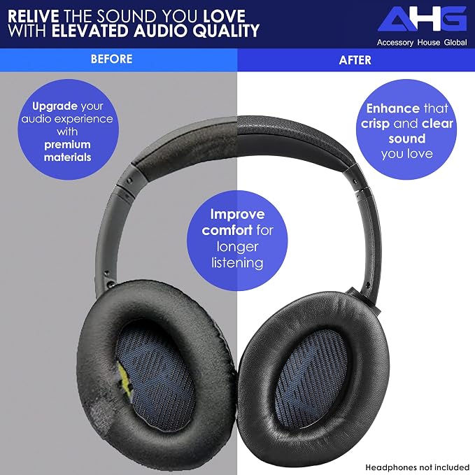AHG Accessory House Global SoundLink AE2 Ear Pads and SoundLink AE2 Headband Cushion Compatible with Bose SoundLink Around-Ear 2 (AE2) Headphones (Black). Seamless DIY Fit | Extra Thick | 3D Printed
