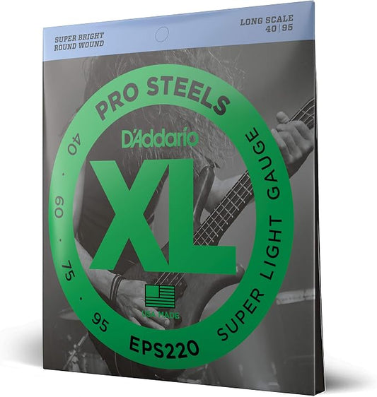D'Addario XL ProSteels Bass Guitar Strings - EPS220 - Long Scale - Super Light, 40-95