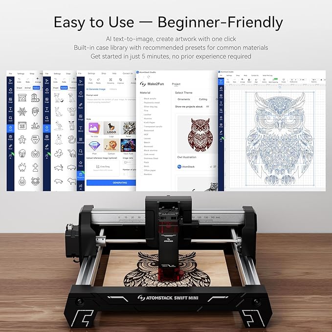AtomStack Swift Mini Desktop Laser Engraver 3000mW Portable Wireless DIY Cutter | Plug & play compact engraver with AI software Supports wood leather & metal Stable frame WiFi/App control