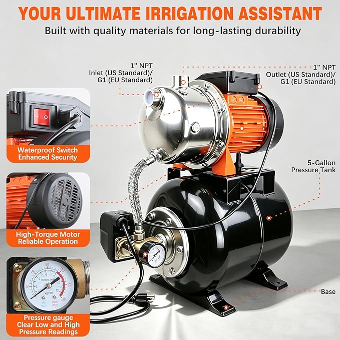 1 HP Shallow Well Pump with Pressure Tank, 1000 GPH, Automatic Irrigation Water Booster Pump with 130 ft Head Lift 20/40 PSI Pressure Switch 304 Stainless Steel Pump Head for Home Garden Lawn