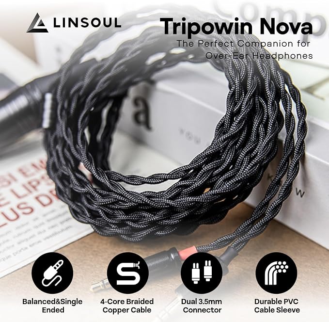 Linsoul Tripowin Nova Monitor Headphone Cable, Over-Ear Headphone Wire, 4-Strand Silver Foil/OCC Hybrid Upgrade Cable, 2M, Dual 3.5mm to 4.4mm/3.5mm/XLR Plug, for Musicians&Audiophiles (XLR, Black)