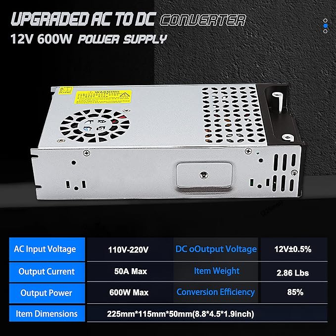 AC to DC 12V 50A 600W Power Supply Switching Universal Regulated AC to DC Converter AC 110V 220V to DC 12V SMPS Transformer Driver Adapter for LED Strip Light, CCTV Camera, RV (DC12V-50A-600W)