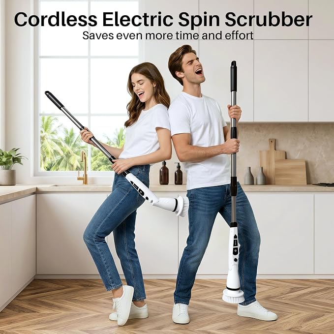 JOYMOOP Electric Spin Scrubber, Cordless Cleaning Brush 450 RPM with 100-Min Runtime, IPX7 Waterproof Power Scrubber with 8 Brush Heads, Adjustable Long Handle for Bathroom, Floor, Tile, Kitchen