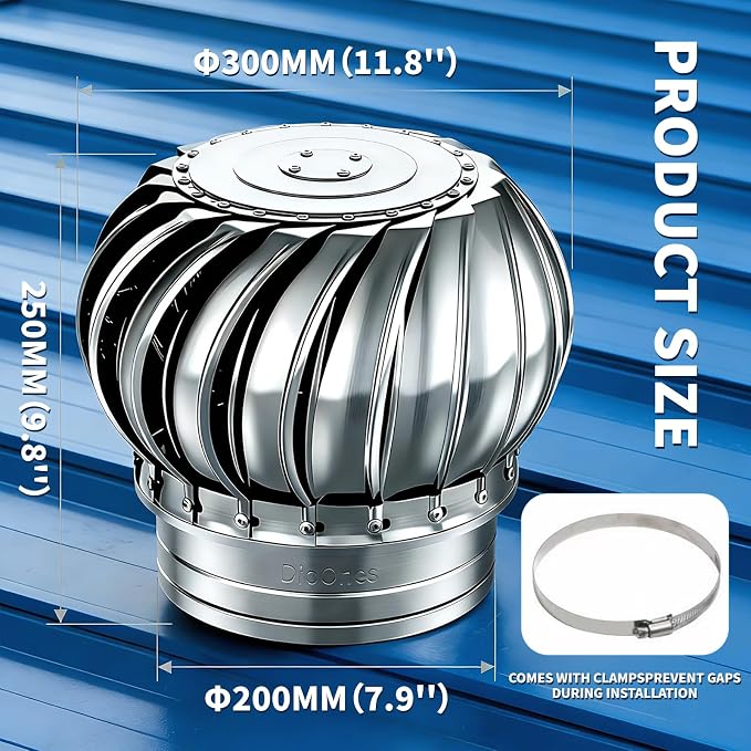 Stainless Steel Turbine Roof Ventilator, 7.9 Inch | 304 Grade Metal, Wind Turbine Cap, Attic Exhaust Vent, Rainproof, Silent Operation