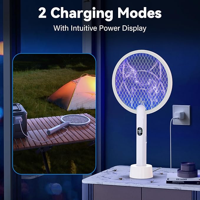 Nymrix Electric Fly Swatter Racket,2 in 1 Mosquito Bug Zapper 4100V Max Handheld Mosquito Killer with 1800 mAh Rechargeable Battery, Purple Light and 3-Layer Safety Mesh for Indoor Grey Two-Pack