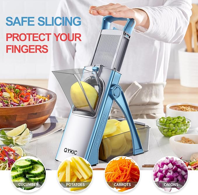 QYKIC Upgrade Safe Mandoline Slicer for Kitchen, Vegetable Chopper Slicer, Potato Slicer Thickness Adjuster, Veggie Onion Dicer for Quick Meal Prep