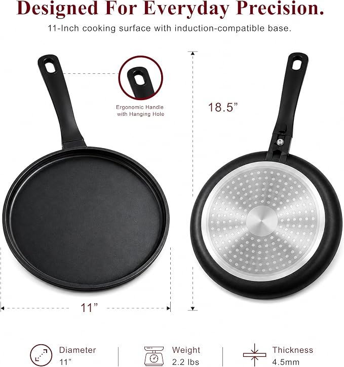 Alva Ceramic Nonstick Crepe Pan 11 Inch Flat Griddle Pan for Crepes, Pancakes, Eggs & Tortillas, PFAS-Free Aluminum Frying Pan, Induction Compatible Black, Dosa Tawa, Roti, Chapati Skillet