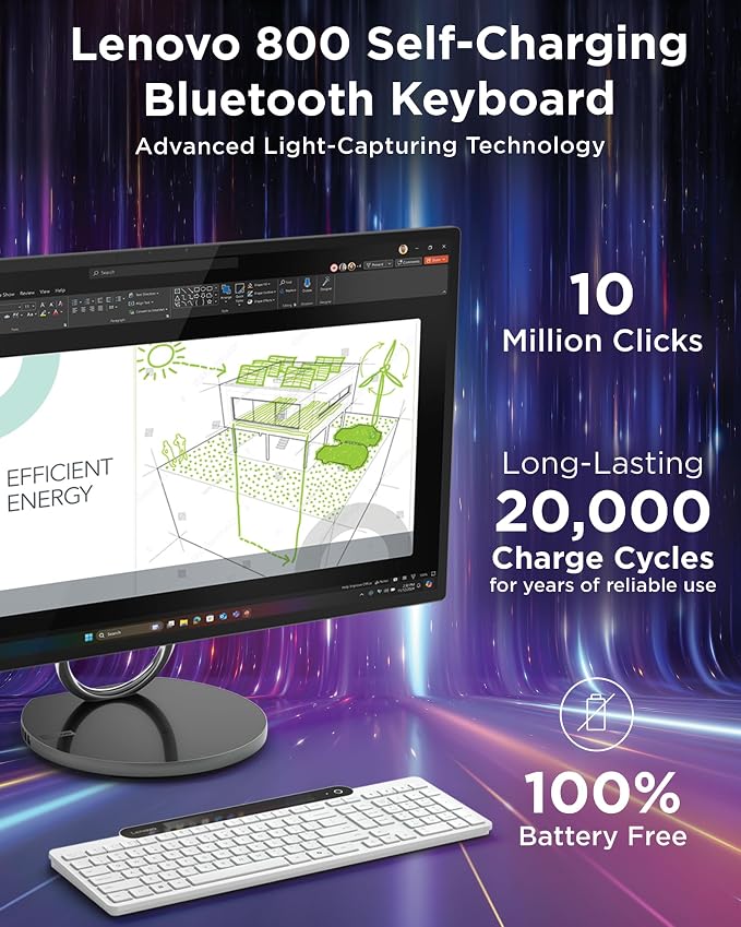 Lenovo 800 Self-Charging Bluetooth Keyboard, Uses Ambient Light for Charging, Bluetooth 5.1, Supports 3 Devices, Battery Free, Wireless, White