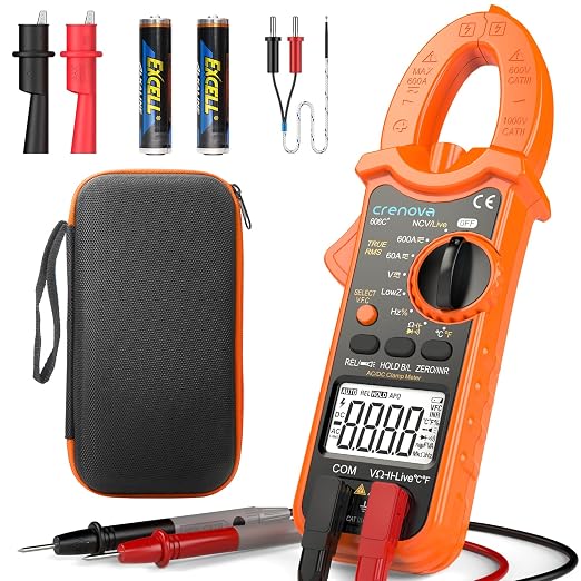Crenova Clamp Meter Multimeter 6000 Counts TRMS Electrical Tester for AC/DC Current/Voltage,Resistance,Capacitance,Frequency,Duty Cycle,Temperature,Continuity,Diode,NCV for Industrial & Home Use