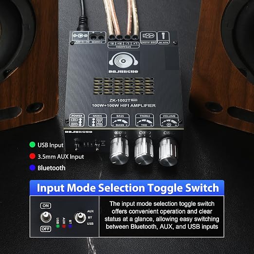 ZK-1002T Max 100W+100W Power Amplifier Board, 2.0 Channel Audio Power Amplifier,TPA3221 Chip with Bluetooth/AUX/USB Input Mode Selection Toggle Switch