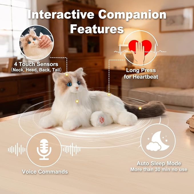 Chongker Interactive Companion Robot Cat Pets, Handmade Weighted Stuffed Animals, Cat Plush Toy with Voice Response, Realistic Heartbeat and Purring, Ragdoll Cat