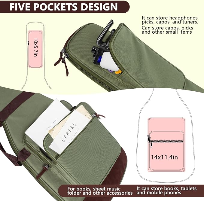 Electric Guitar Bag 0.5 Inch Padding Electric Guitar Case, Electric Guitar Gig Bag Backpack with Neck Strap and 4 Pockets, Green