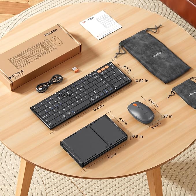 MEETION Foldable Keyboard and Mouse, Portable Folding Wireless Keyboard Mouse, Full Size Rechargeable 2.4G+Dual Bluetooth Keyboards for Business Travel, for Windows/Mac/iOS/Andriod, iPad/Laptop