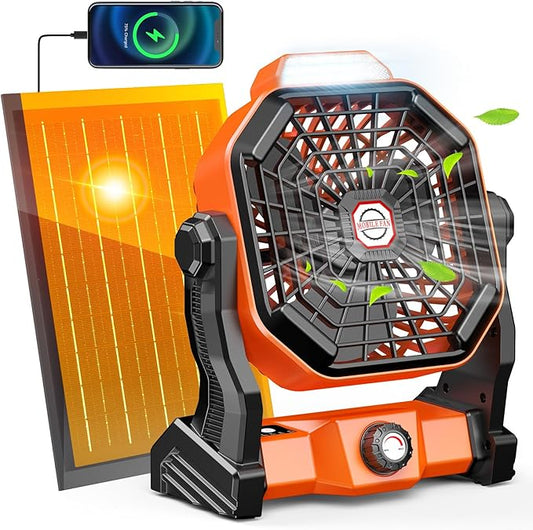 Solar Powered Fan,【Max 40H Runtime】Rechargeable Solar Camping Fans & Led Lantern,8-inch Portable Fan with Solar Panel,Battery Operated Powered Outdoor Tent Fans for Camping Essentials Accessories