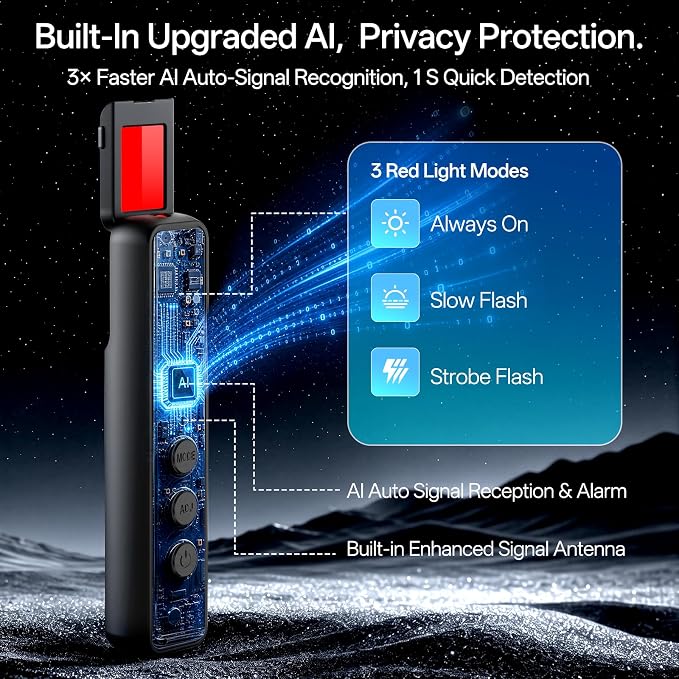 Hidden Camera Detector LED Display Silent Mode Travel Hotels Car | 6 detection modes, spy camera finder, 25H battery, GPS tracker and listening device detector, 5-Level Sensitivity, Compact
