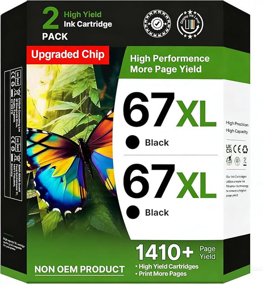 67XL Black Ink Cartridge Compatible for HP Ink 67 High Yield for HP 67 Black Ink Cartridge Work for HP DeskJet 2827e 2855e 2852e 4227e 2734e 4155e 2755e 2800 2755 Envy 6055e 6000 6455e (2 Black Pack)