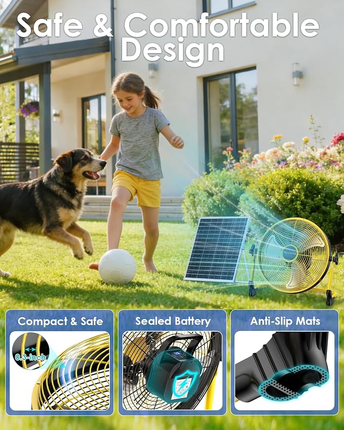 14'' Portable Solar Powered Floor Fan, Cordless Camping Fan Outdoor, Long Lasting Rechargeable Battery Operated Fan, 360° Tilt, USB Output, Wireless, for Home Gazebo Greenhouse Outside Gym
