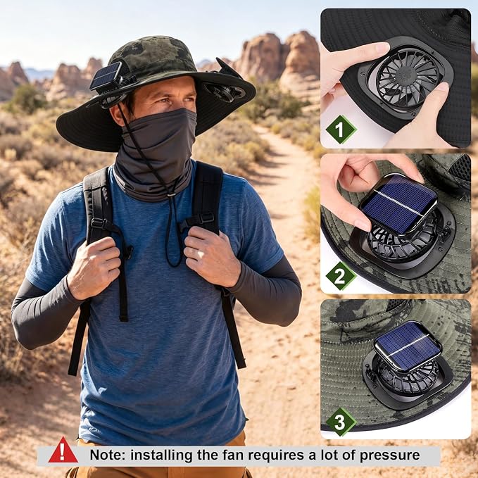 Syhood Solar Powered Fan Hat Neck Gaiter Arm Sleeves Sun Bucket Hat with Fan Cooling Wide Brim Hats for Fishing Hiking