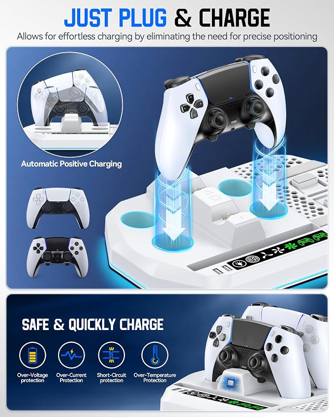 Cooling Station with Controller Charger for PS5/Slim/Pro, PlayStation 5 Vertical Stand for Disc & Digital Console, Dual PS 5 Controller Charging Station with 3 Level Cooling PlayStation 4 Chargers