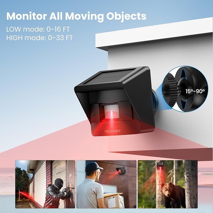TECKNET Solar Wireless Driveway Alarm with 2600FT Long Range & 36 Melodies & 5 Volumes and Supports 4 Zones Weatherproof Motion Sensor Alarm to Protect Inside/Outside Property (1 Receiver 3 Sensor)
