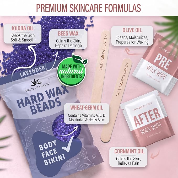 Tress Wellness Waxing Kit for Sensitive Skin – Safe for Face & Skin, Easy to Use – At-Home Kit for Face, Bikini, Brazilian & Full Body - Pink, No Display