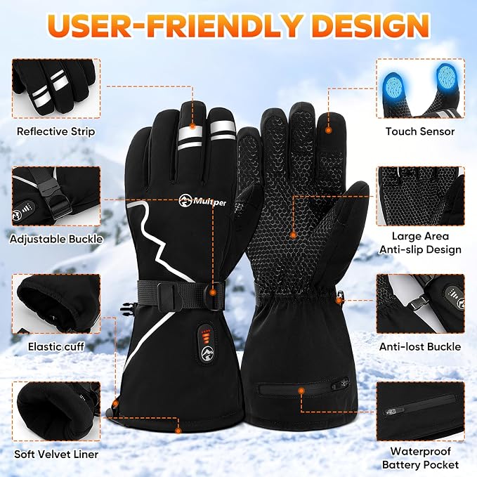 Heated Gloves for Men Women, 7.4V Rechargeable Hand Warmer Gloves with Touchscreen, Waterproof Non-Slip Electric Heated Glove for Winter Outdoor Work Motorcycling Skiing Hiking Fishing Arthritis Hands