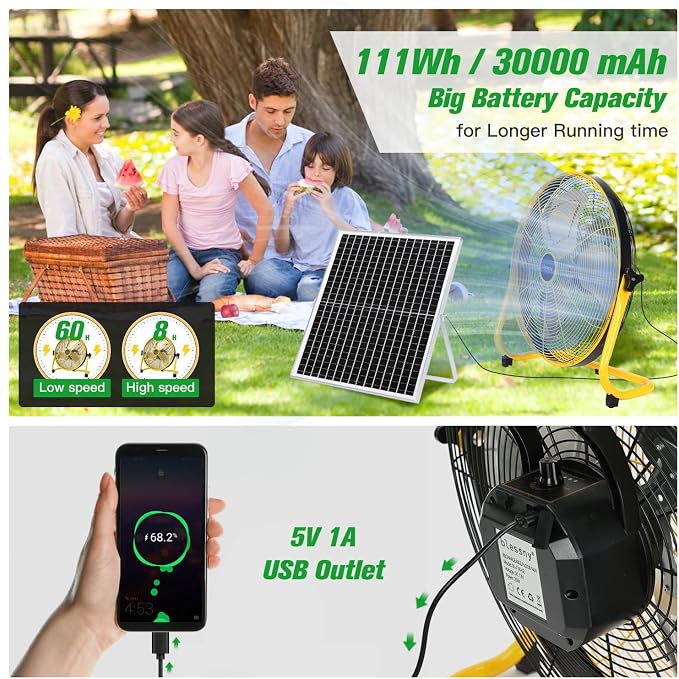 blessny 18" Large Solar Rechargeable Floor Fan with 35W Solar Panel for Home Outdoor Camping Gazebo Greenhouse Barn Poultry Pet House Cooling or Air Circulation, 23 Ft Long Cord